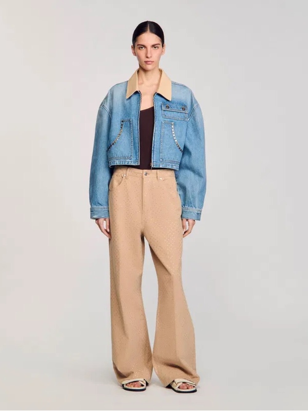 Sandro Denim Jacket with Studs and Contrast Tan Collar